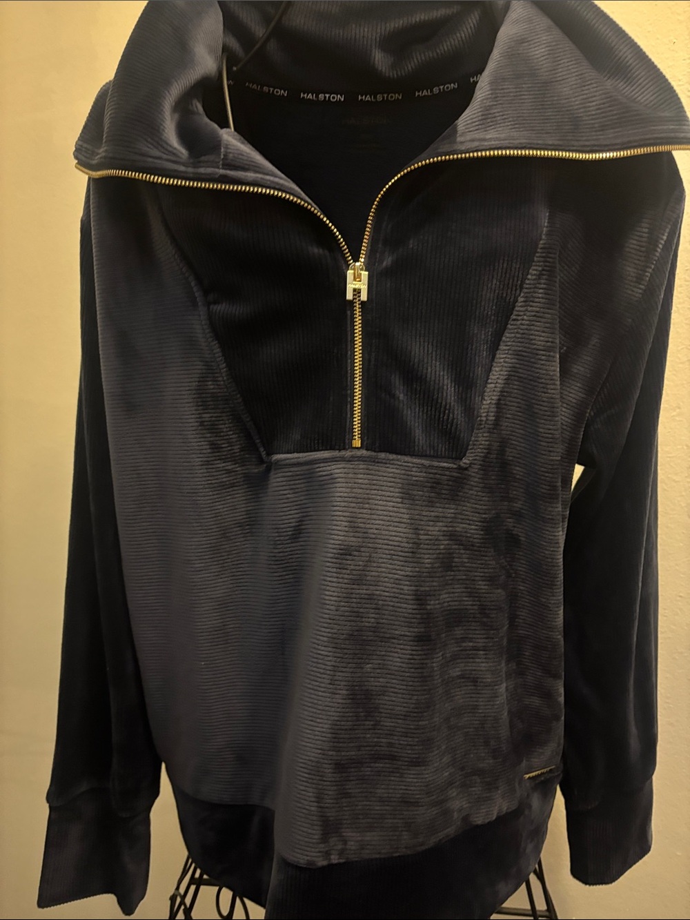 Halston Heritage Navy Velvet Half-Zip Teddy Jacket with Gold Hardware